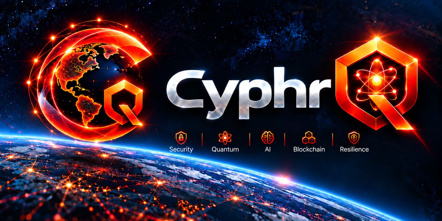 CyphrQ logo: a glowing C around a globe and a shield-shaped Q, with the five pillars Security · Quantum · AI · Blockchain · Resilience